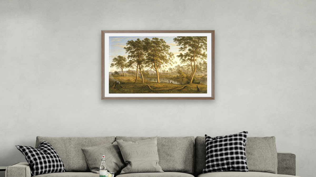 Natives on the Ouse River, Van Diemen's Land by John Glover, shown at 28 × 42 in (71.1 × 106.7 cm) in Arber Light Walnut, living