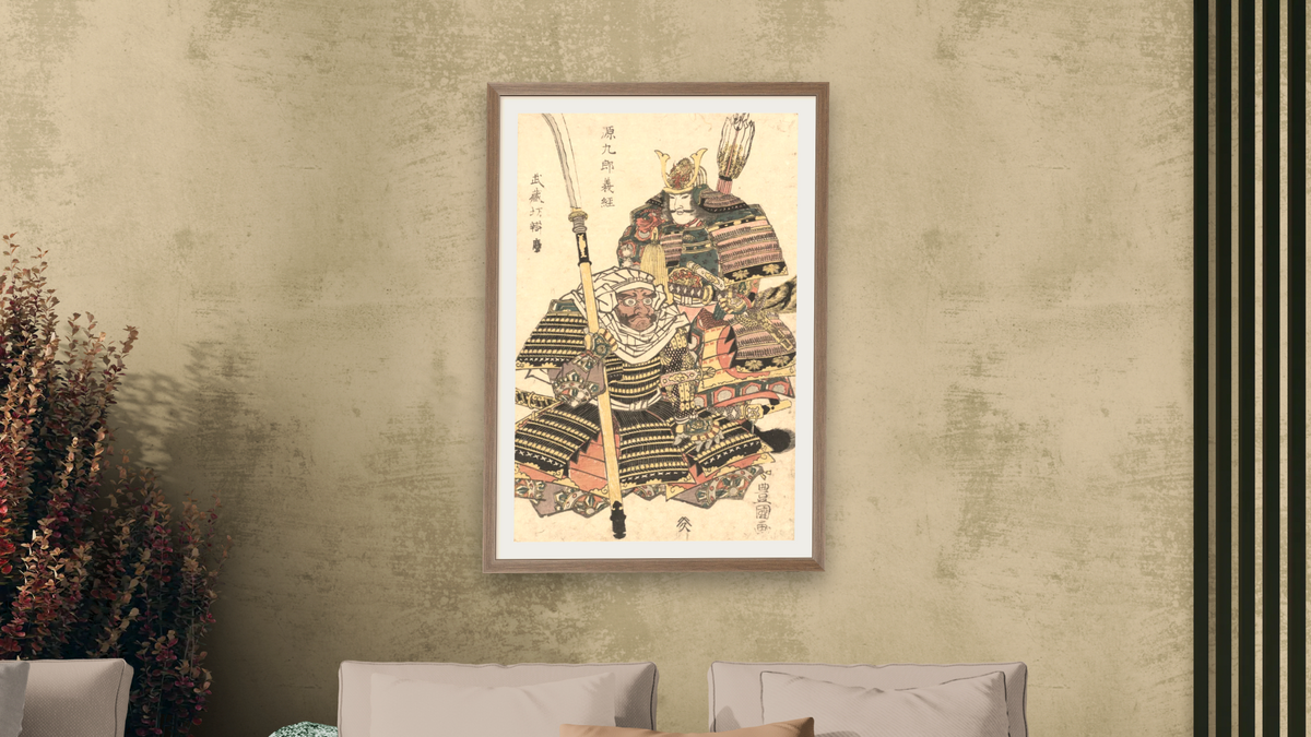 Genkuro Yoshitsune and Musashibo Benkei by Utagawa Toyokuni, shown at 28 × 42 in (71.1 × 106.7 cm) in Arber Light Walnut, living