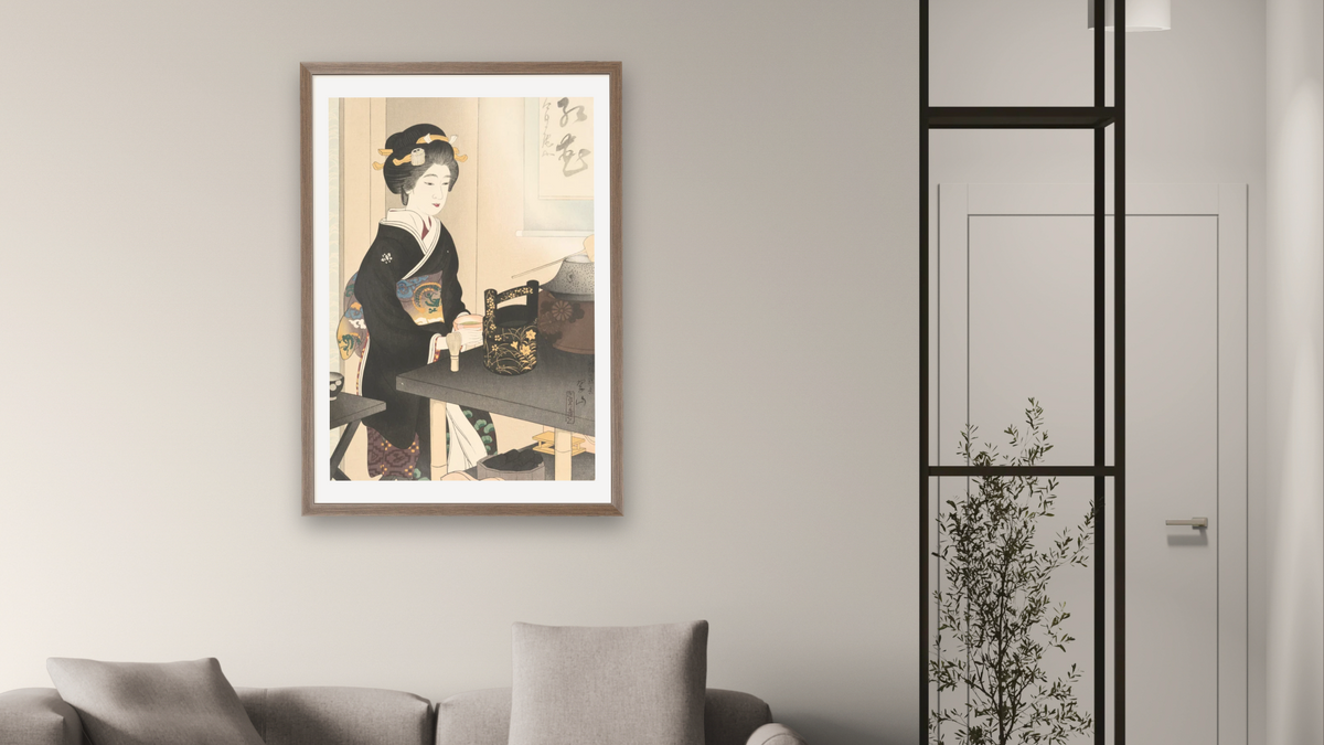Tea Ceremony at Cherry Dance (Miyako-Odori no Ten-Cha) by Miki Suizan, shown at 28 × 42 in (71.1 × 106.7 cm) in Arber Light Walnut, living
