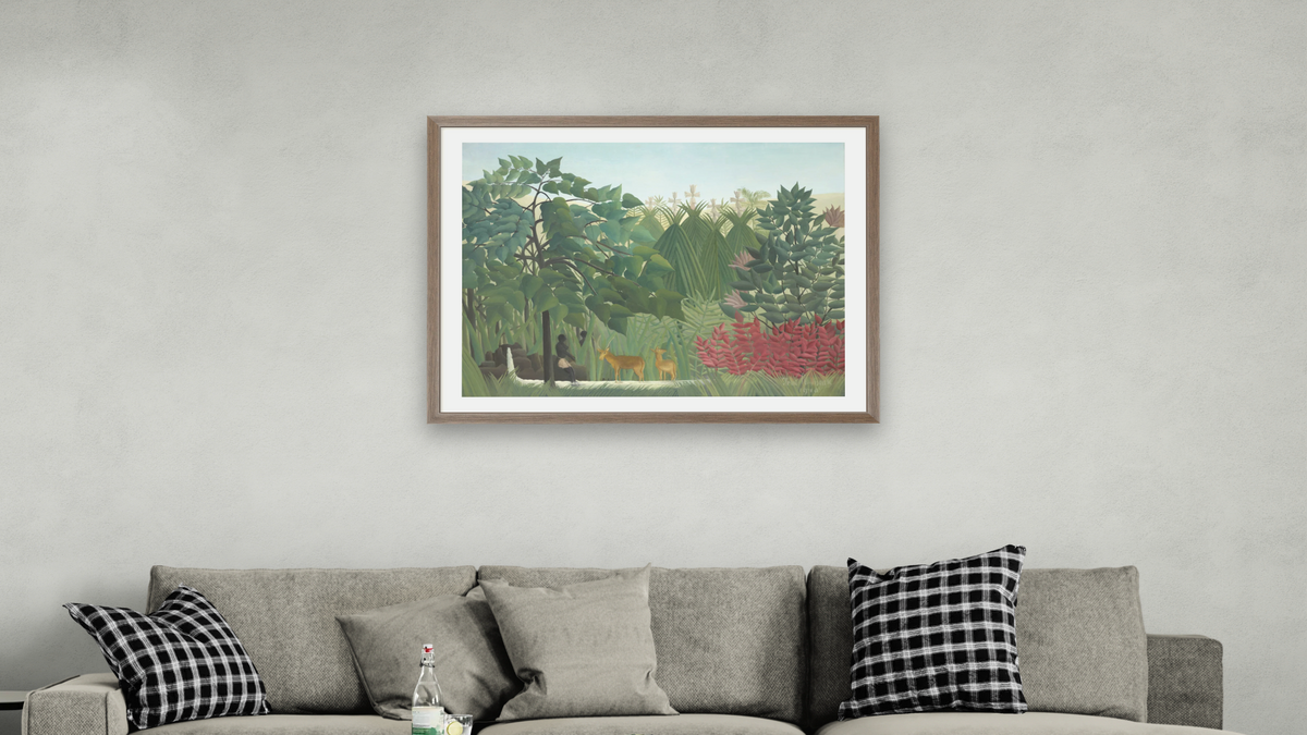 The Waterfall by Henri Rousseau, shown at 30 × 40 in (76.2 × 101.6 cm) in Arber Light Walnut, living