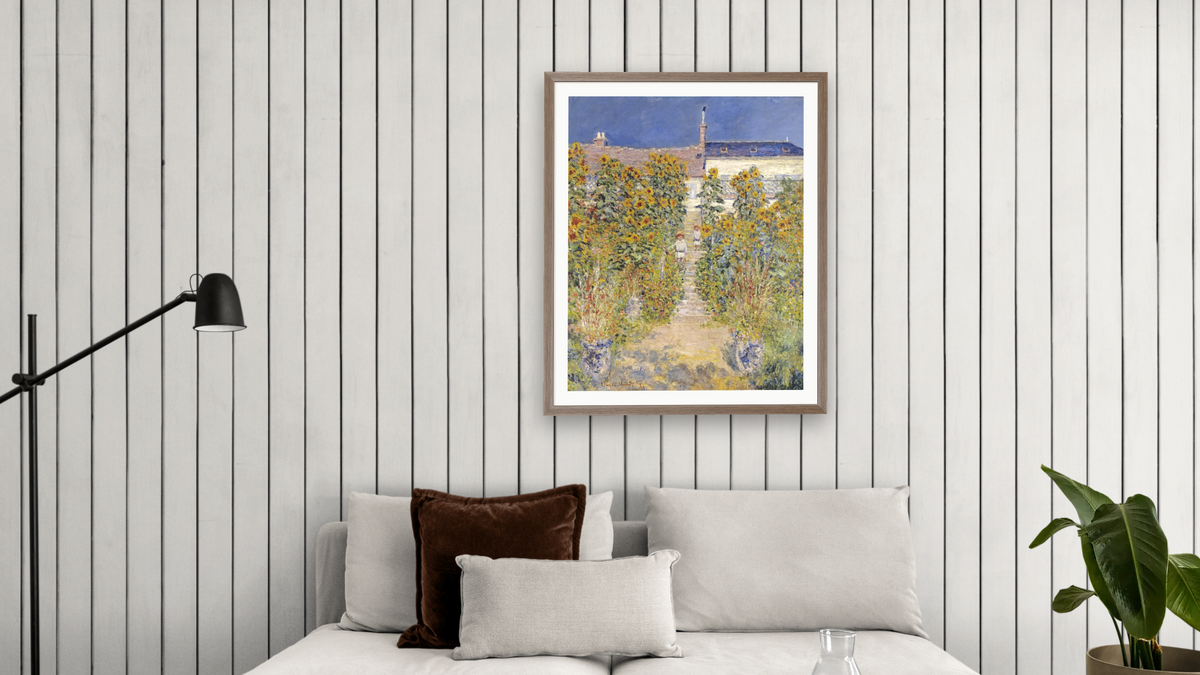 The Artist's Garden at Vetheuil by Claude Monet, shown at 32 × 40 in (81.3 × 101.6 cm) in Arber Light Walnut, living