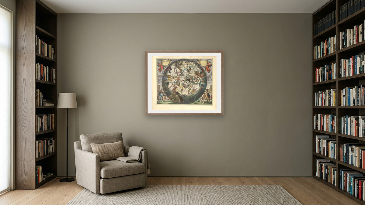 Plate 29 from Harmonia Macrocosmica by Andreas Cellarius, shown at 32 × 40 in (81.3 × 101.6 cm) in Arber Light Walnut, library