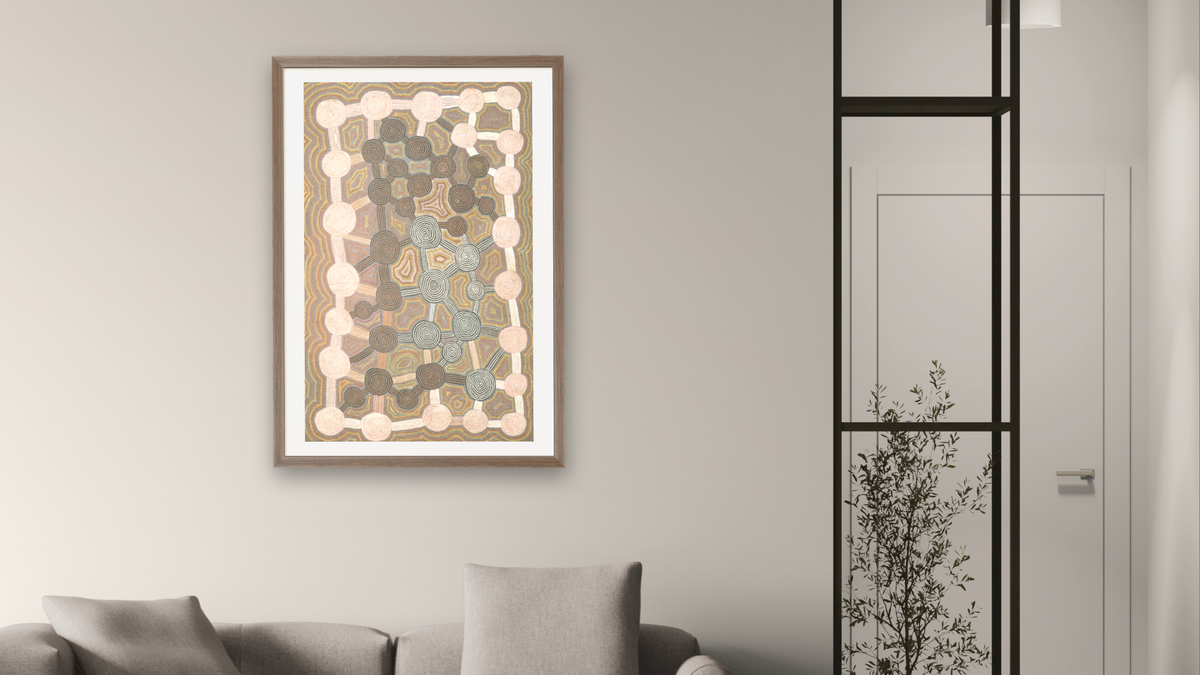 Tingari Myth by Yala Yala Gibbes, shown at 28 × 42 in (71.1 × 106.7 cm) in Arber Light Walnut, living