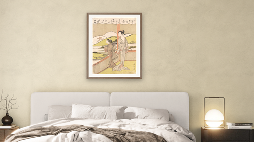 A Poem on the Autumn Moon by Kisen Hoshi by Suzuki Harunobu, shown at 30 × 40 in (76.2 × 101.6 cm) in Arber Light Walnut, bedroom [arteriel-render:v6:room_a:30x40@45,32]