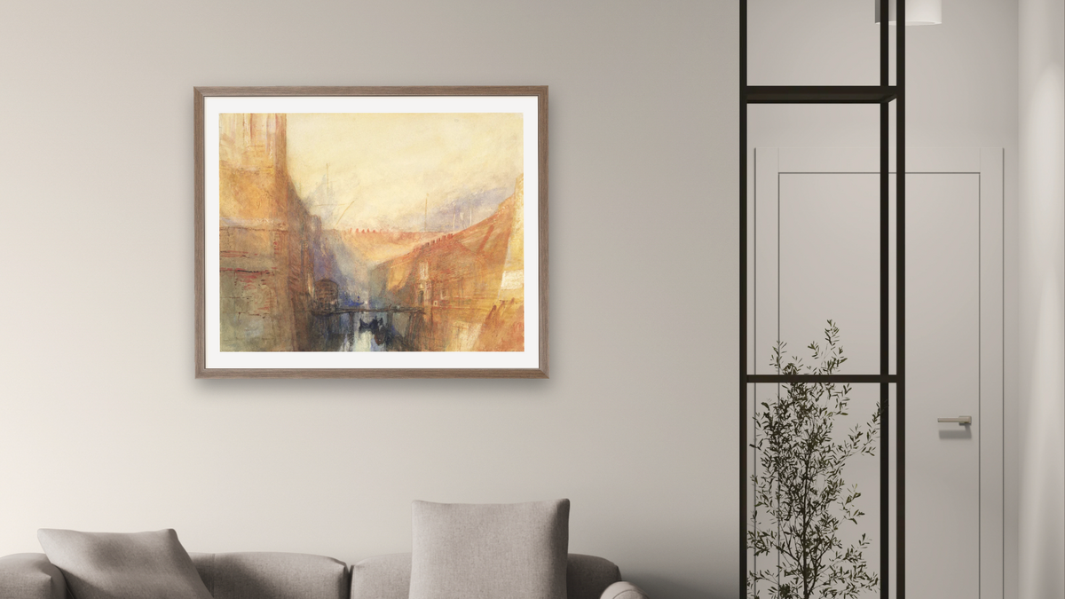 Venice: An Imaginary View of the Arsenale by Joseph Mallord William Turner, shown at 32 × 40 in (81.3 × 101.6 cm) in Arber Light Walnut, living