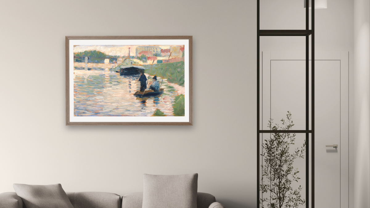 View of the Seine by Georges Seurat, shown at 28 × 42 in (71.1 × 106.7 cm) in Arber Light Walnut, living
