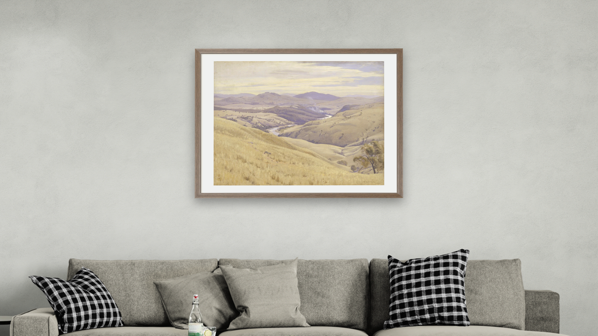 Weetangera, Canberra by Elioth Gruner, shown at 32 × 40 in (81.3 × 101.6 cm) in Arber Light Walnut, living