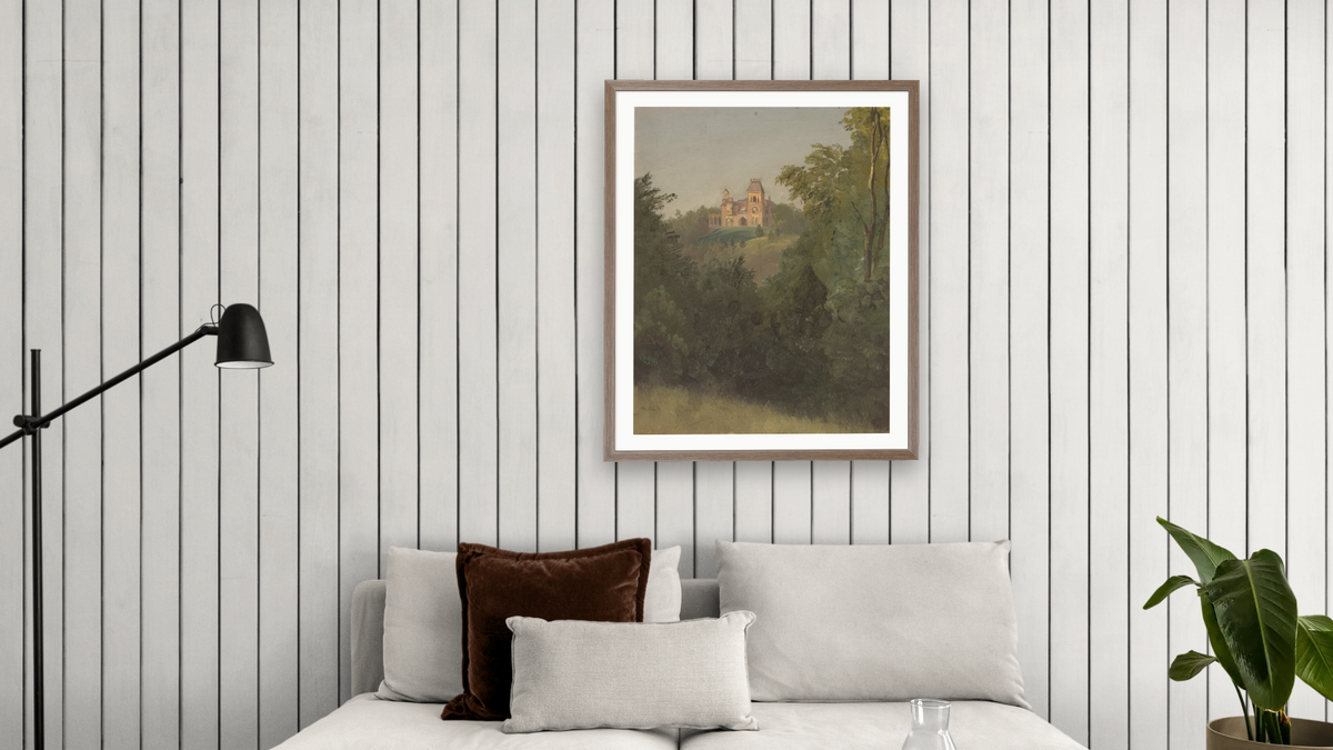 Olana from the Southwest by Frederic Edwin Church, shown at 32 × 40 in (81.3 × 101.6 cm) in Arber Light Walnut, living