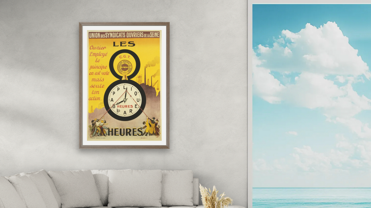 Les 8 Heures Work Incentive Poster by Doumenq, shown at 28 × 42 in (71.1 × 106.7 cm) in Arber Light Walnut, living