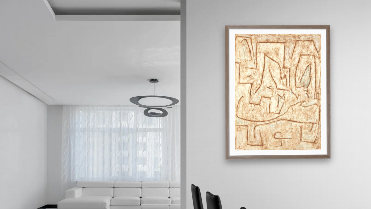 Latomie by Paul Klee, shown at 30 × 40 in (76.2 × 101.6 cm) in Arber Light Walnut, dining