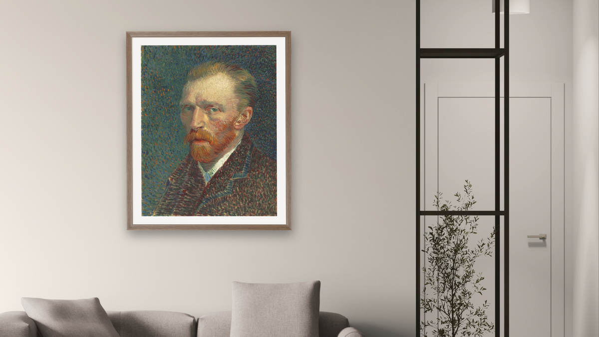 Self-Portrait by Vincent van Gogh, shown at 32 × 40 in (81.3 × 101.6 cm) in Arber Light Walnut, living