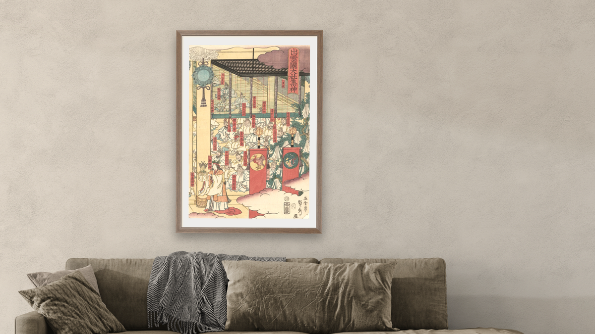Gathering of gods at the great shrine at Izumo by Utagawa Sadahide, shown at 28 × 42 in (71.1 × 106.7 cm) in Arber Light Walnut, living