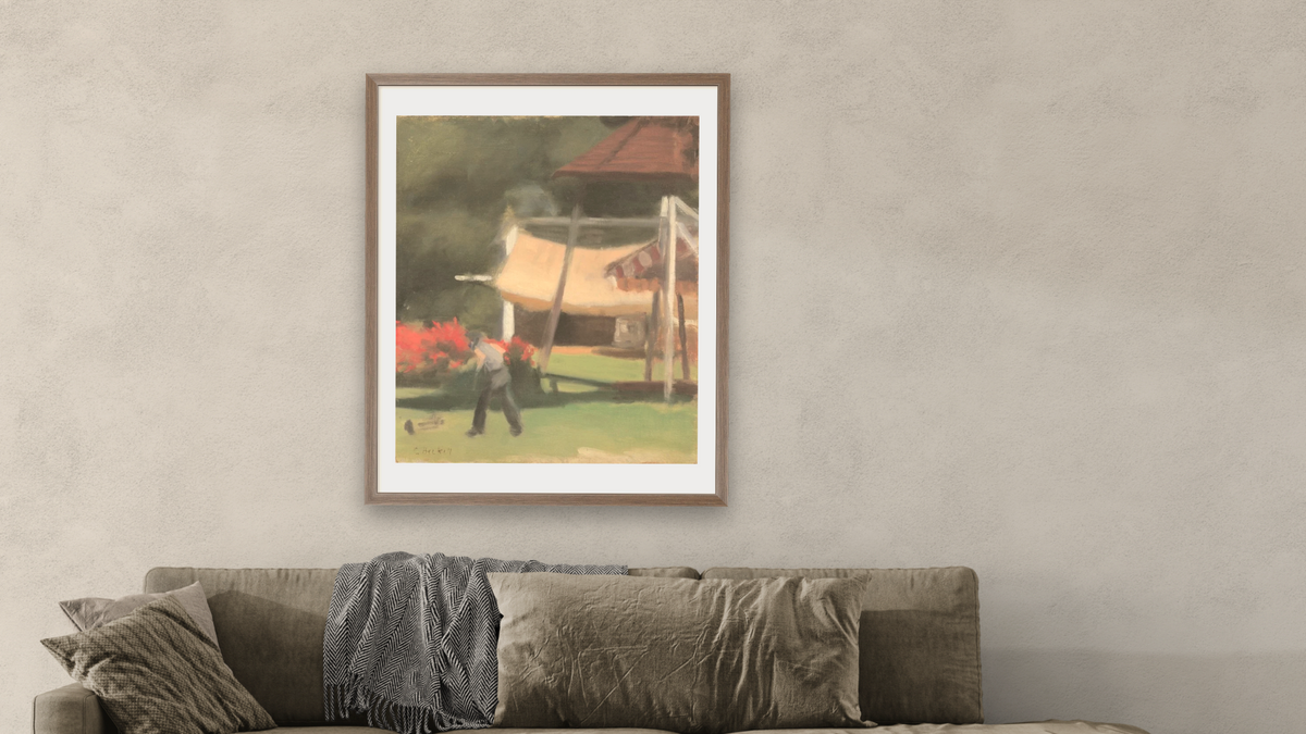 Tea Gardens by Clarice Beckett, shown at 32 × 40 in (81.3 × 101.6 cm) in Arber Light Walnut, living