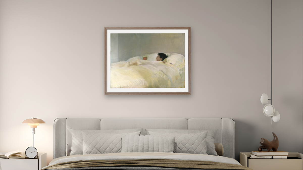 Mother by Joaquin Sorolla y Bastida, shown at 30 × 40 in (76.2 × 101.6 cm) in Arber Light Walnut, bedroom
