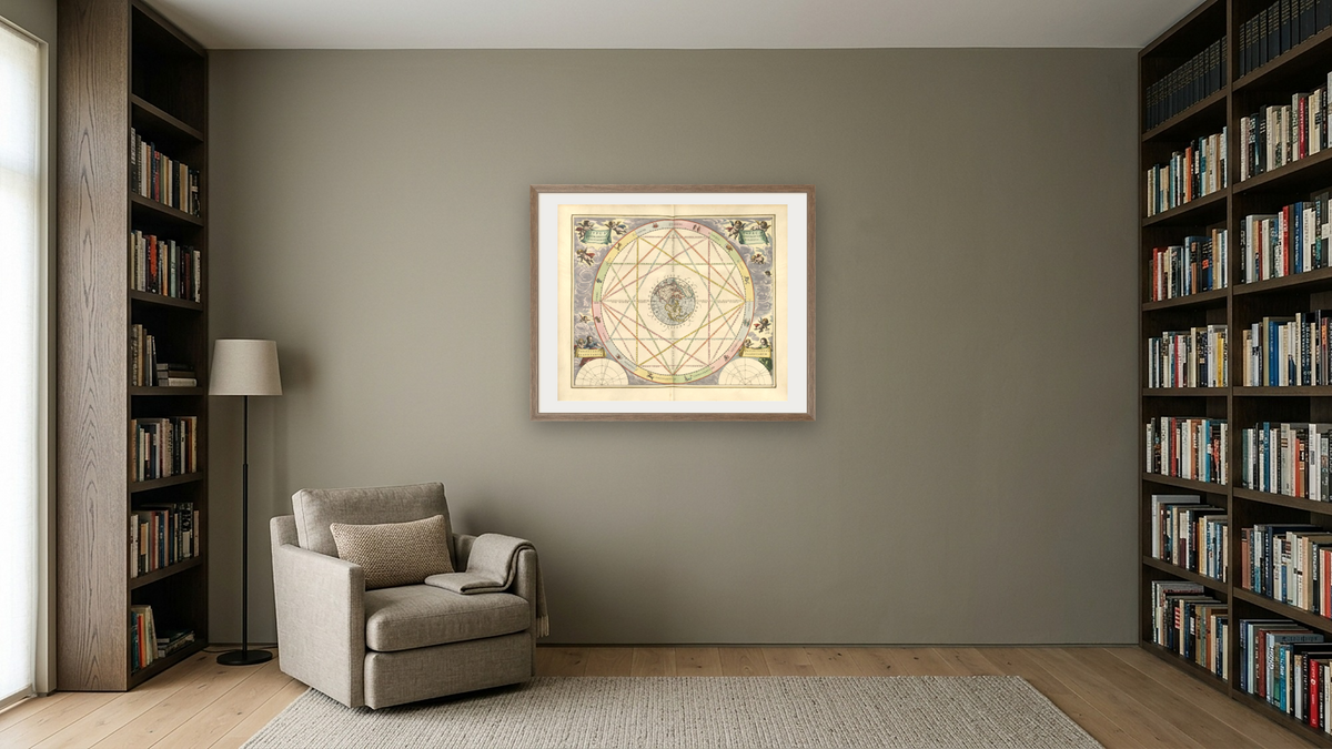 Plate 15 from Harmonia Macrocosmica by Andreas Cellarius, shown at 32 × 40 in (81.3 × 101.6 cm) in Arber Light Walnut, library