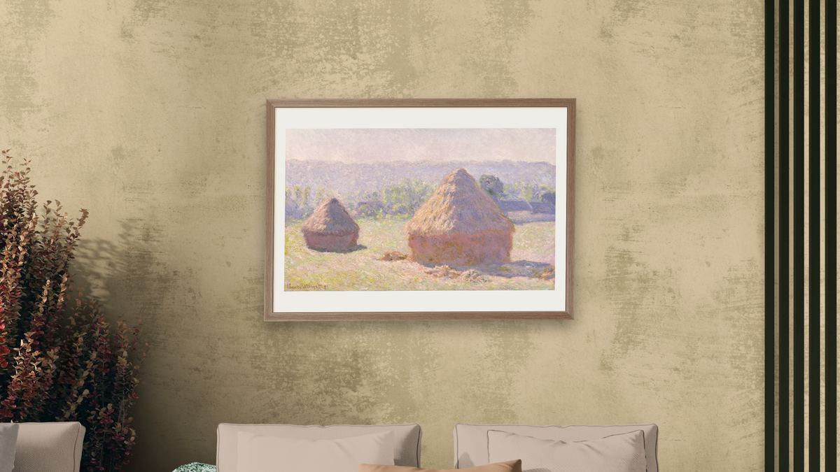 Grainstacks at the end of the Summer, Morning effect by Claude Monet, shown at 28 × 42 in (71.1 × 106.7 cm) in Arber Light Walnut, living