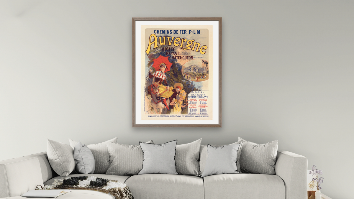 Poster for la Compagnie P.-L.-M. L'Auvergne. Auvergne railway, from Les Maîtres de l'affiche, Volume 4 by Jules Chéret, shown at 30 × 40 in (76.2 × 101.6 cm) in Arber Light Walnut, living