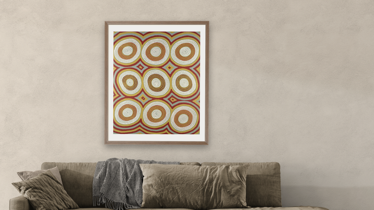 Dream of Two Women by Ronnie Tjampitjinpa, shown at 32 × 40 in (81.3 × 101.6 cm) in Arber Light Walnut, living