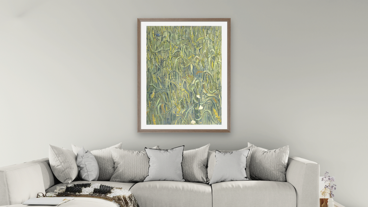 Ears of Wheat by Vincent van Gogh, shown at 30 × 40 in (76.2 × 101.6 cm) in Arber Light Walnut, living