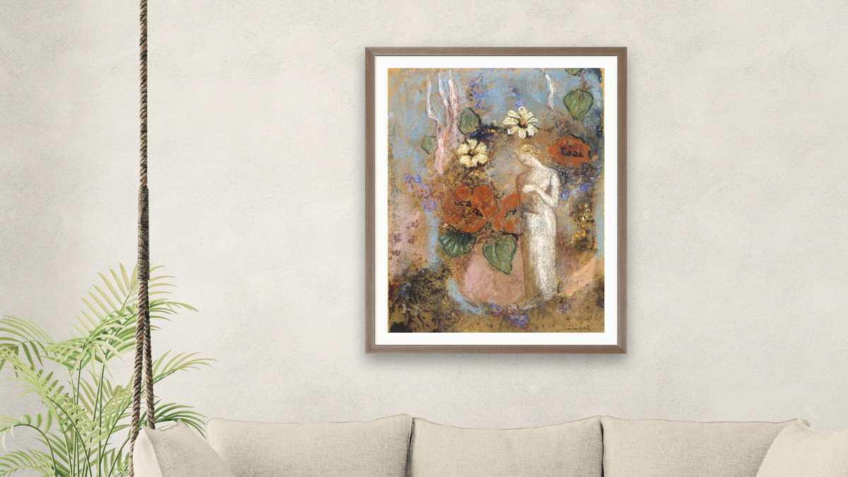 Pandora by Odilon Redon, shown at 30 × 40 in (76.2 × 101.6 cm) in Arber Light Walnut, living
