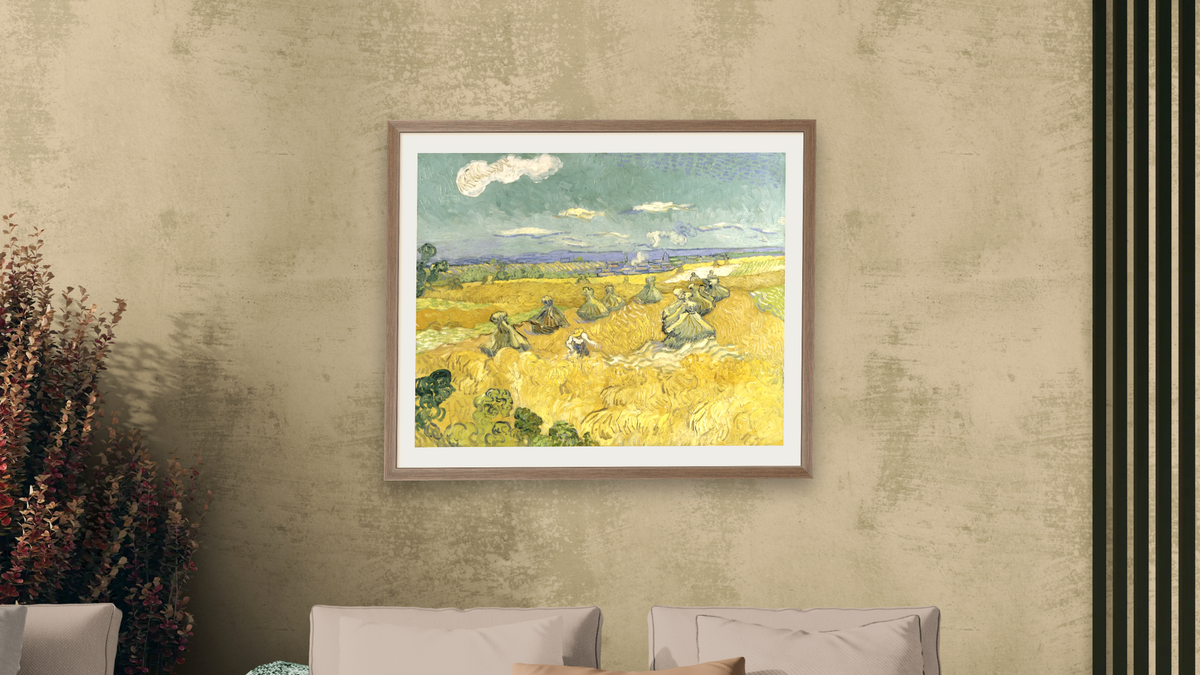 Wheat Fields with Reaper, Auvers by Vincent van Gogh, shown at 32 × 40 in (81.3 × 101.6 cm) in Arber Light Walnut, living