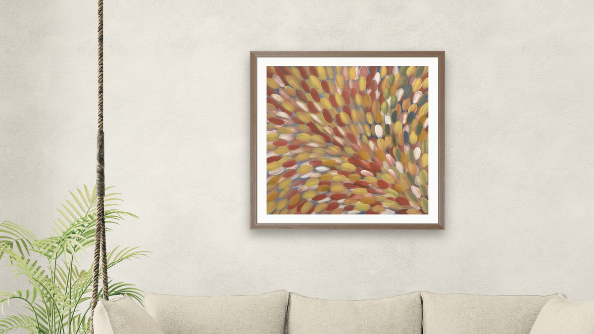 Bush Medicine Leaves by Gloria Tamerre Petyarr, shown at 32 × 32 in (81.3 × 81.3 cm) in Arber Light Walnut, living