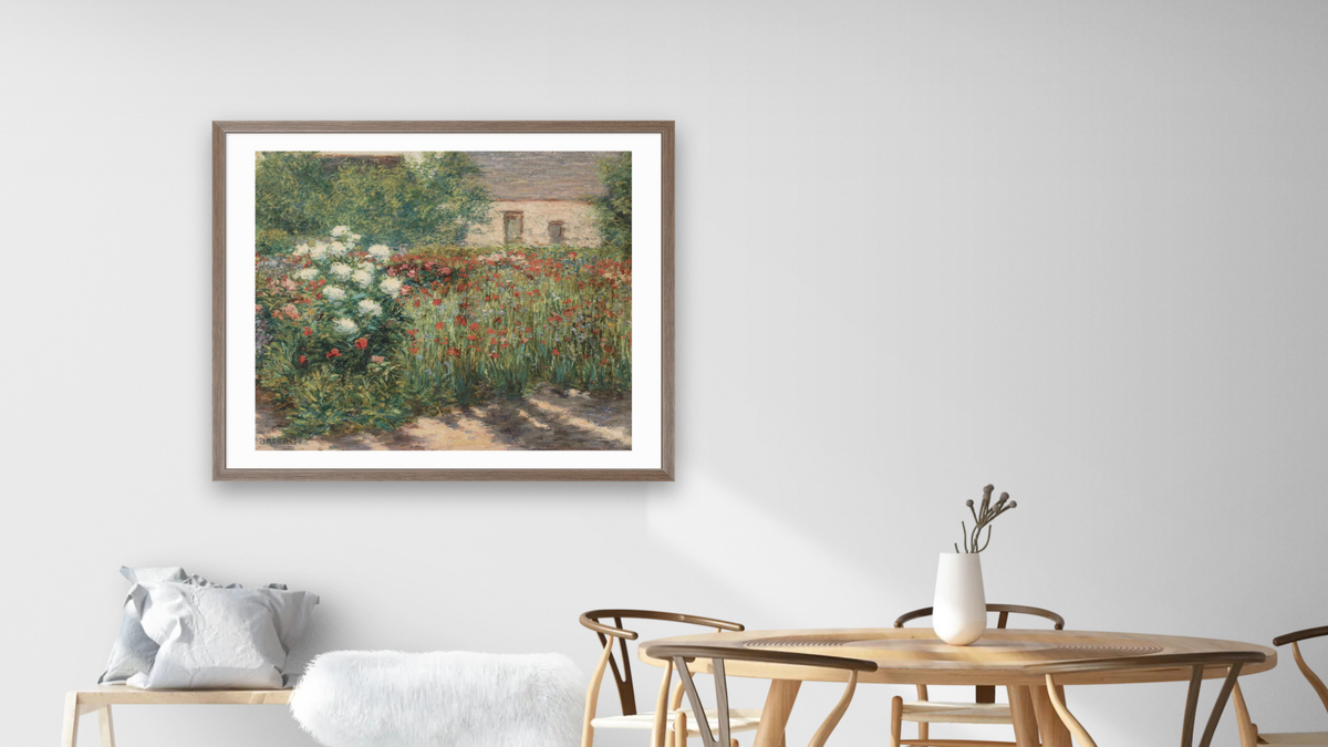 Garden at Giverny by John Leslie Breck, shown at 32 × 40 in (81.3 × 101.6 cm) in Arber Light Walnut, dining