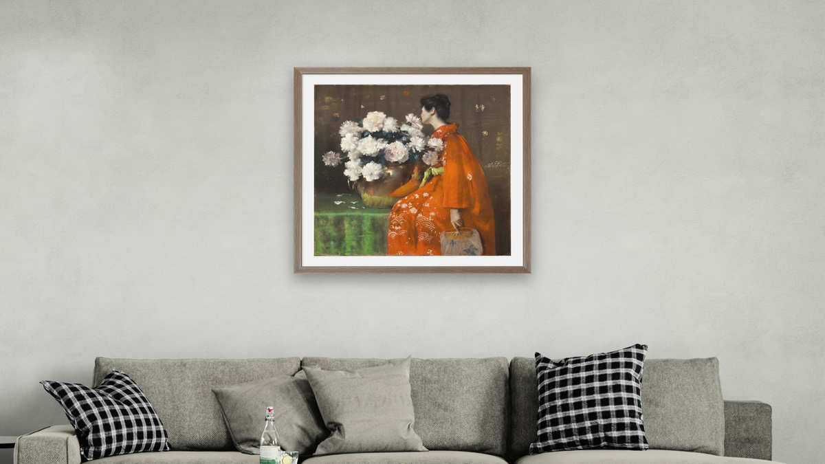 Spring Flowers (Peonies) by William Merritt Chase, shown at 32 × 32 in (81.3 × 81.3 cm) in Arber Light Walnut, living
