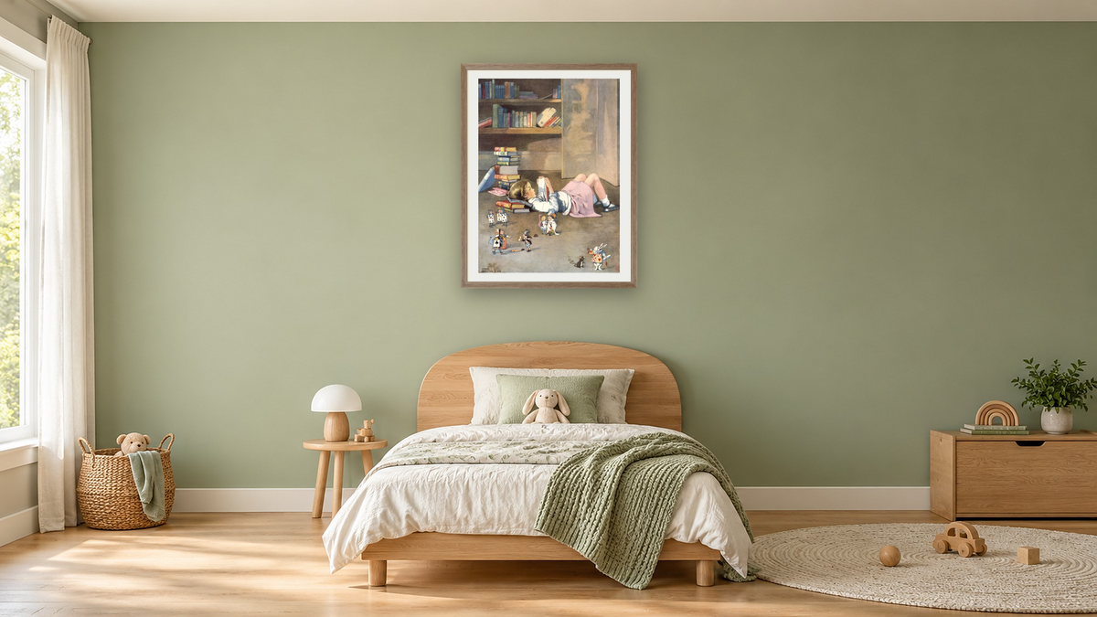Alice in Wonderland: Girl Reading 'Alice in Wonderland' by Honor C. Appleton, shown at 30 × 40 in (76.2 × 101.6 cm) in Arber Light Walnut, kids' room