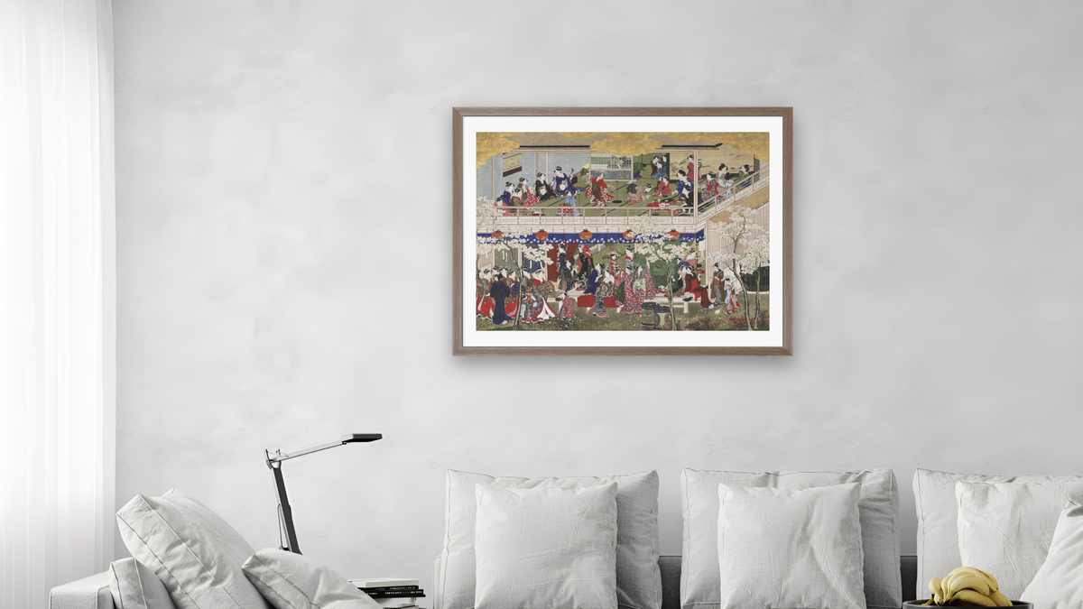 Cherry Blossoms at Yoshiwara (Yoshiwara no hana zu), Japanese, Edo period by Kitagawa Utamaro, shown at 30 × 40 in (76.2 × 101.6 cm) in Arber Light Walnut, living