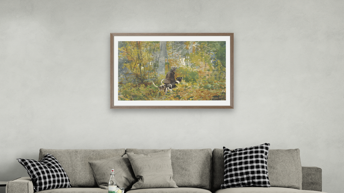 On the Trail by Winslow Homer, shown at 28 × 42 in (71.1 × 106.7 cm) in Arber Light Walnut, living