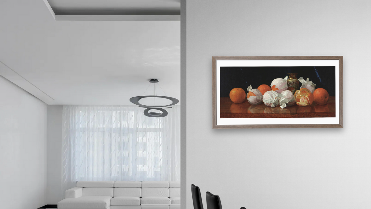 Untitled (Oranges in Tissue with Vase), shown at 20 × 40 in (50.8 × 101.6 cm) in Arber Light Walnut, dining