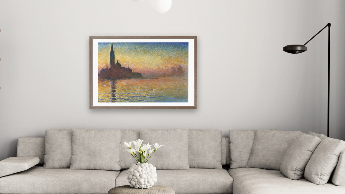 San Giorgio Maggiore by Twilight by Claude Monet, shown at 28 × 42 in (71.1 × 106.7 cm) in Arber Light Walnut, living