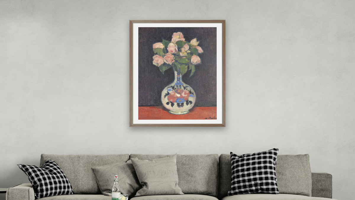 Still Life recto "Portrait of Helene Jawlensky" by Alexei Jawlensky, shown at 30 × 40 in (76.2 × 101.6 cm) in Arber Light Walnut, living