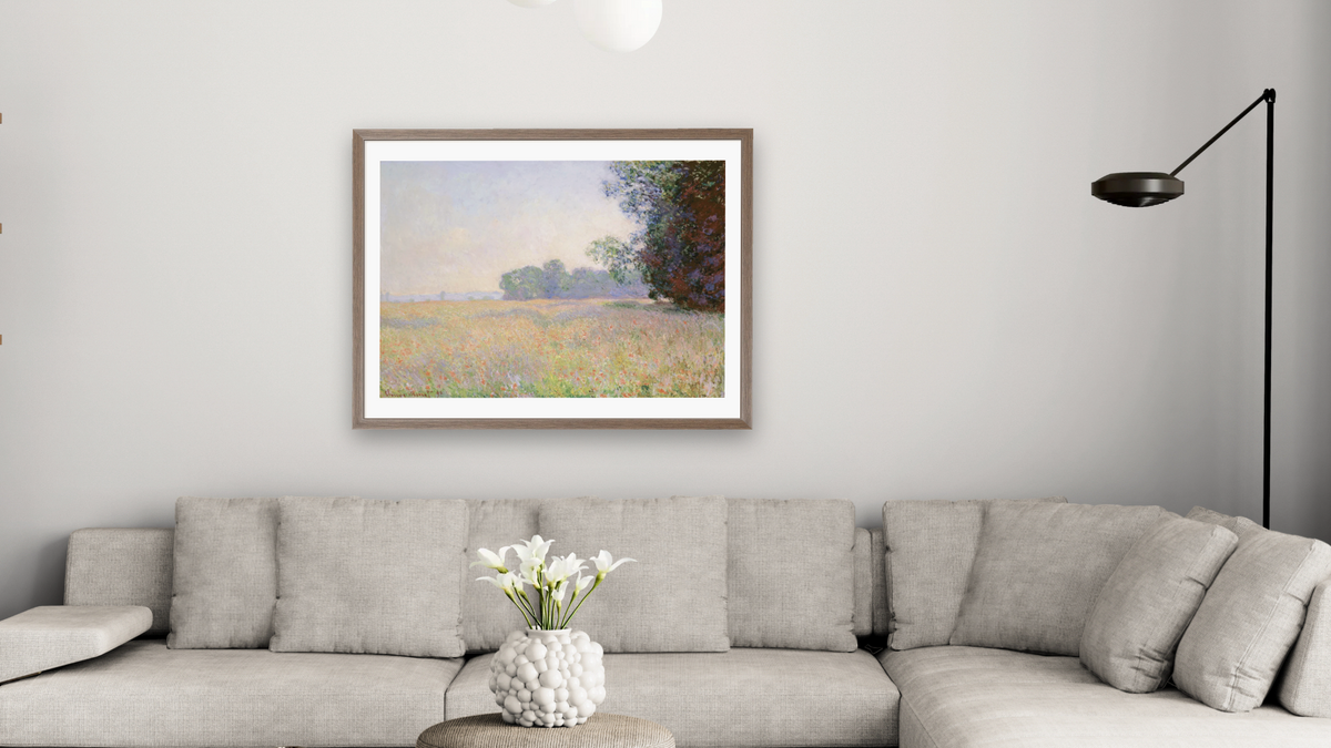 Champ d'avoine (Oat Field) by Claude Monet, shown at 30 × 40 in (76.2 × 101.6 cm) in Arber Light Walnut, living