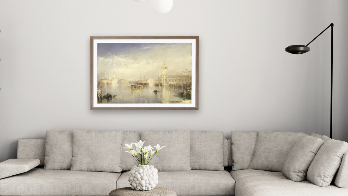 The Dogano, San Giorgio, Citella, from the Steps of the Europa by Joseph Mallord William Turner, shown at 28 × 42 in (71.1 × 106.7 cm) in Arber Light Walnut, living