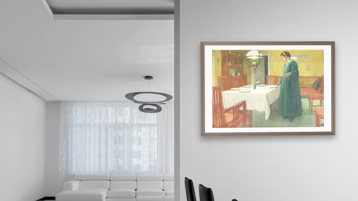 The Household (Lisbeth Setting the Table) by Carl Larsson, shown at 28 × 42 in (71.1 × 106.7 cm) in Arber Light Walnut, dining