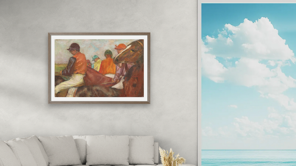 The Jockeys by Edgar Degas, shown at 28 × 42 in (71.1 × 106.7 cm) in Arber Light Walnut, living
