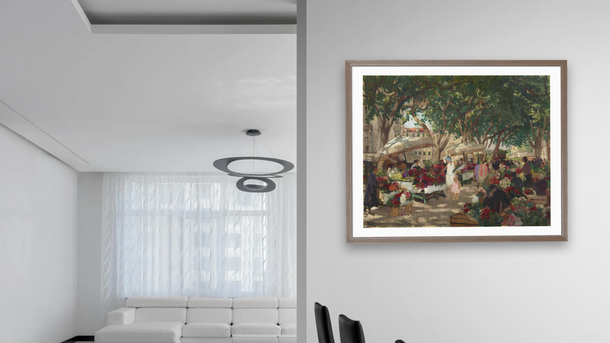Flower Market, Nice by Ethel Carrick, shown at 32 × 40 in (81.3 × 101.6 cm) in Arber Light Walnut, dining