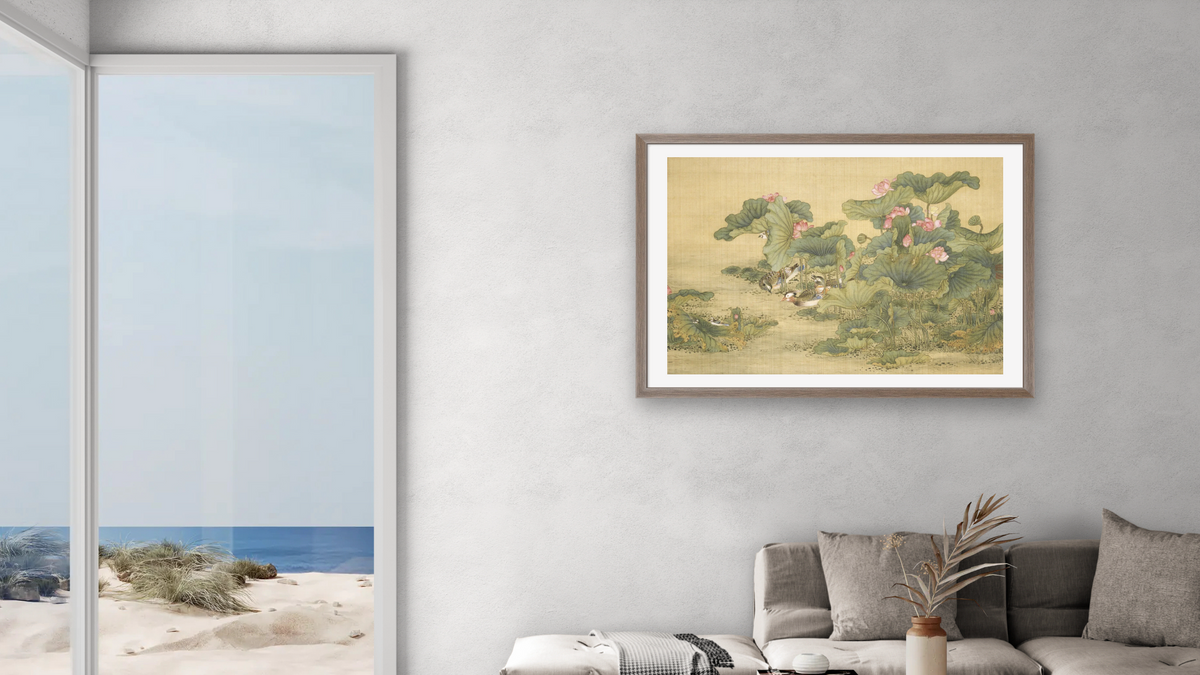 Album of Birds and Animals (Mandarin Ducks and Lotus Flowers) by Shen Nanpin, shown at 28 × 42 in (71.1 × 106.7 cm) in Arber Light Walnut, living