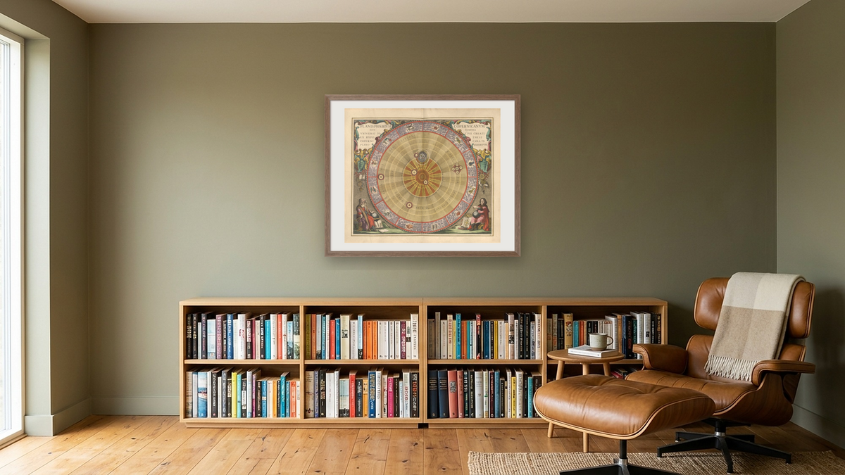 Plate 4 from Harmonia Macrocosmica by Andreas Cellarius, shown at 32 × 40 in (81.3 × 101.6 cm) in Arber Light Walnut, library