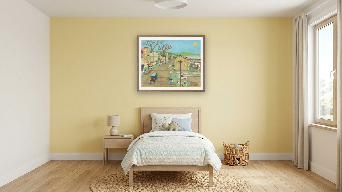 Main Street: Dobbs Ferry by Ralph Fasanella, shown at 32 × 40 in (81.3 × 101.6 cm) in Arber Light Walnut, kids' room