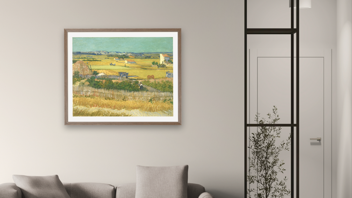 The Harvest by Vincent van Gogh, shown at 32 × 40 in (81.3 × 101.6 cm) in Arber Light Walnut, living