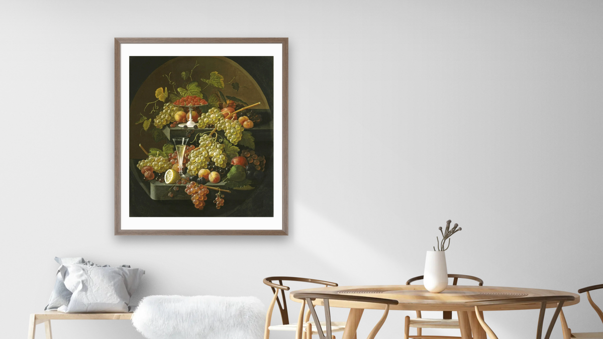 Fruit and Wine Glass by Severin Roesen, shown at 32 × 40 in (81.3 × 101.6 cm) in Arber Light Walnut, dining