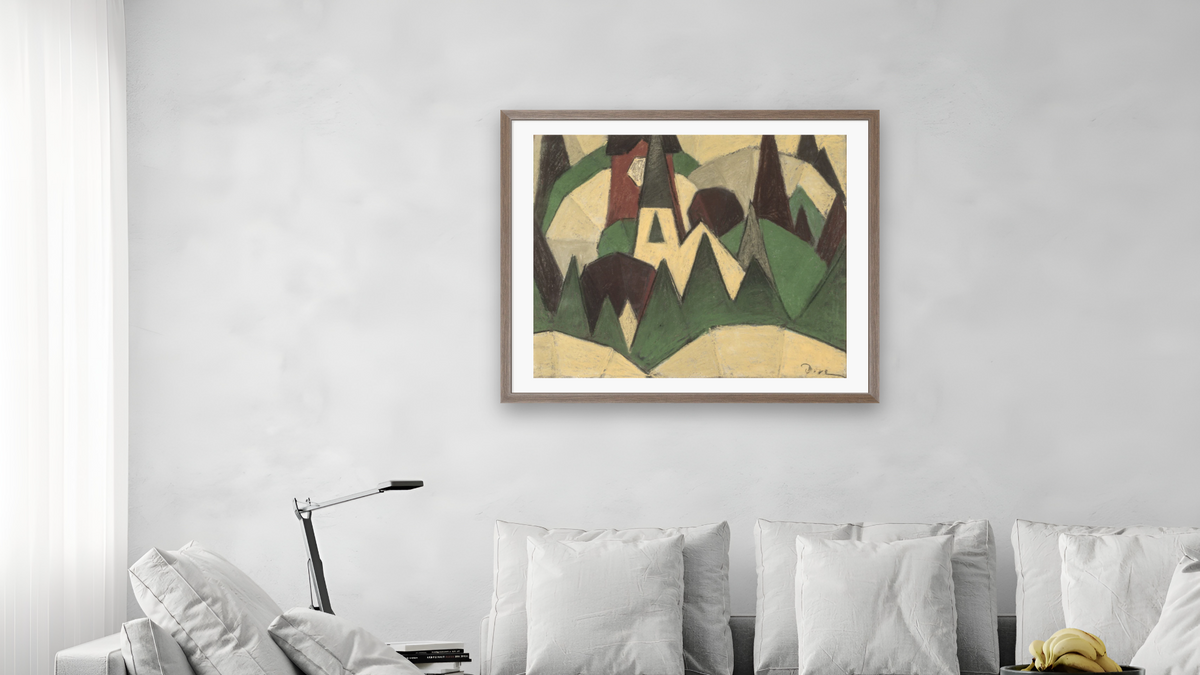 Nature Symbolized #3: Steeple and Trees by Arthur Dove, shown at 32 × 40 in (81.3 × 101.6 cm) in Arber Light Walnut, living