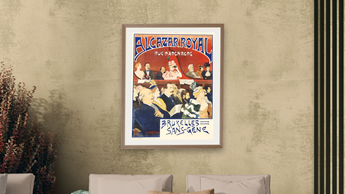 Alcazar Royal/Bruxelles Sans-Gene Poster by Adolphe Crespin and Edouard Duyck by Adolphe Crespin and Edouard Duyck, shown at 32 × 40 in (81.3 × 101.6 cm) in Arber Light Walnut, living
