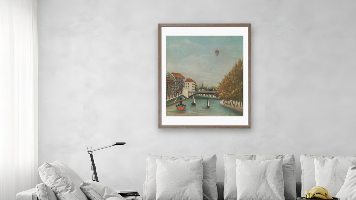View of the Quai d'Asnières (Vue du quai d'Asnières) by Henri Rousseau, shown at 32 × 40 in (81.3 × 101.6 cm) in Arber Light Walnut, living