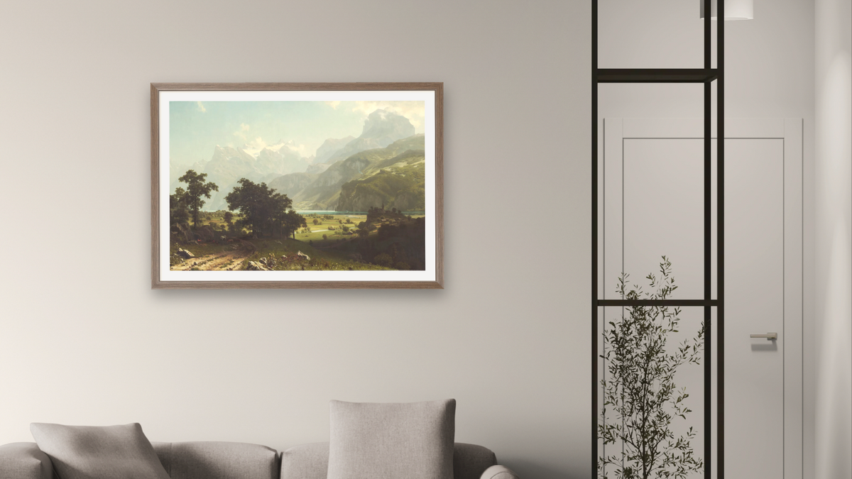 Lake Lucerne by Albert Bierstadt, shown at 28 × 42 in (71.1 × 106.7 cm) in Arber Light Walnut, living