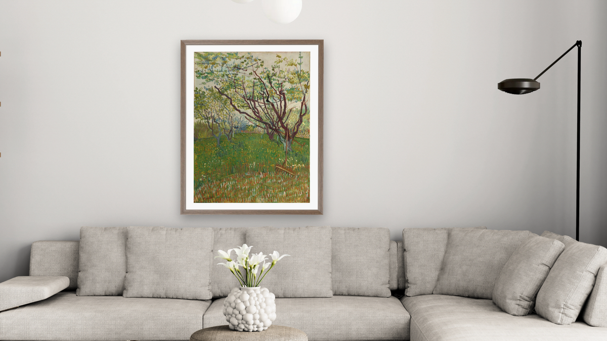 The Flowering Orchard by Vincent van Gogh, shown at 30 × 40 in (76.2 × 101.6 cm) in Arber Light Walnut, living