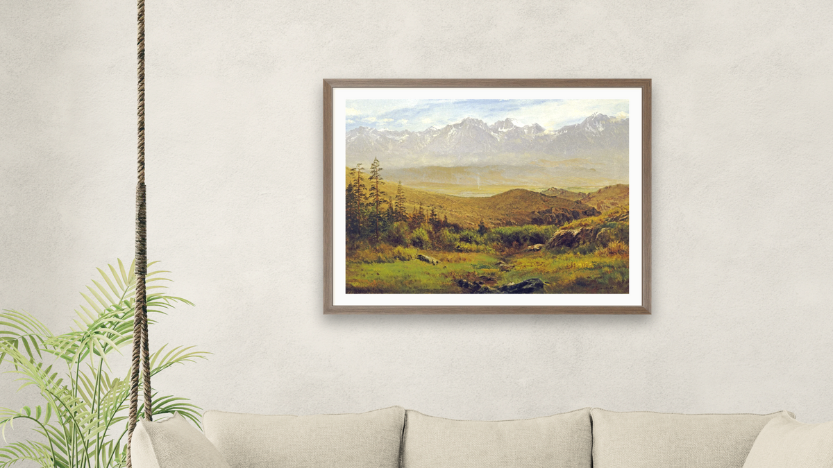 In The Foothills of The Rockies by Albert Bierstadt, shown at 30 × 40 in (76.2 × 101.6 cm) in Arber Light Walnut, living